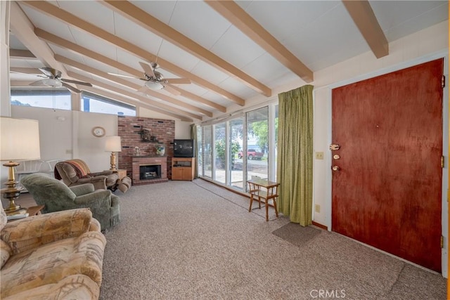 6828 Frontage Rd, Lucerne, CA 95458 - carpeted living area with lofted ceiling with beams, a ceiling fan, and a fireplace