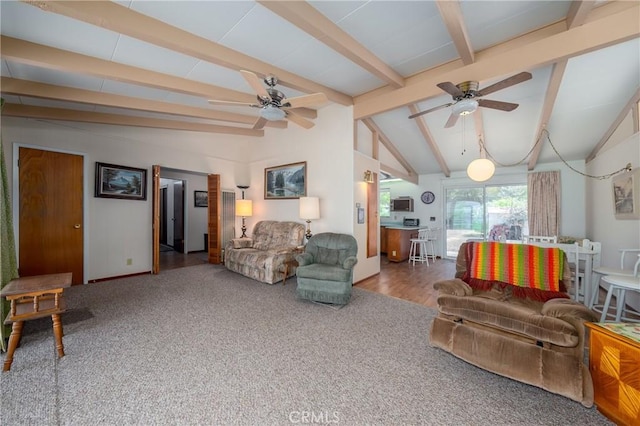 6828 Frontage Rd, Lucerne, CA 95458 - carpeted living room featuring baseboards, ceiling fan, and lofted ceiling with beams