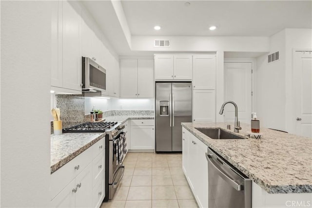 kitchen featuring visible vents, a sink, white cabinetry, and stainless steel appliances