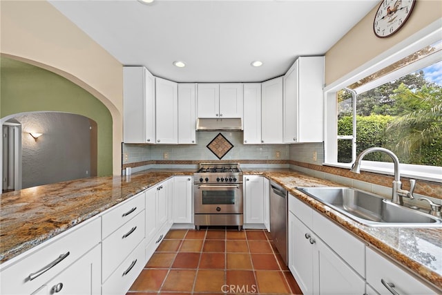 336 Marwood Ave, Fullerton, CA 92832 - kitchen featuring stainless steel appliances, a sink, under cabinet range hood, decorative backsplash, and white cabinets