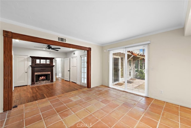 336 Marwood Ave, Fullerton, CA 92832 - unfurnished living room with ornamental molding, ceiling fan, a fireplace with flush hearth, and baseboards