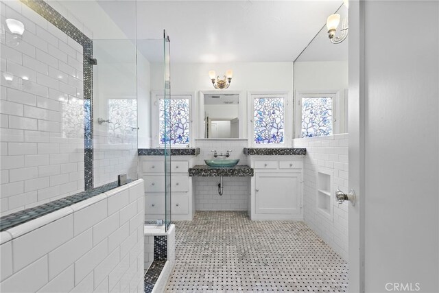336 Marwood Ave, Fullerton, CA 92832 - bathroom featuring a walk in shower, plenty of natural light, tile walls, and vanity