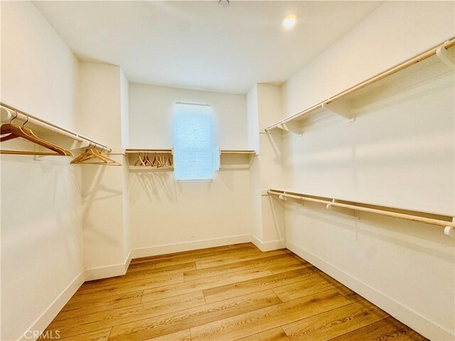 walk in closet with light wood-style floors