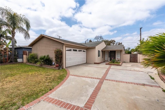 ranch-style house featuring a garage, a front lawn, fence, stucco siding, and driveway