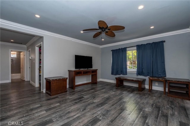 unfurnished living room featuring ornamental molding, baseboards, ceiling fan, dark wood-style floors, and recessed lighting