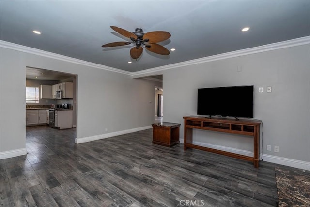 unfurnished living room with crown molding, a ceiling fan, baseboards, and dark wood finished floors