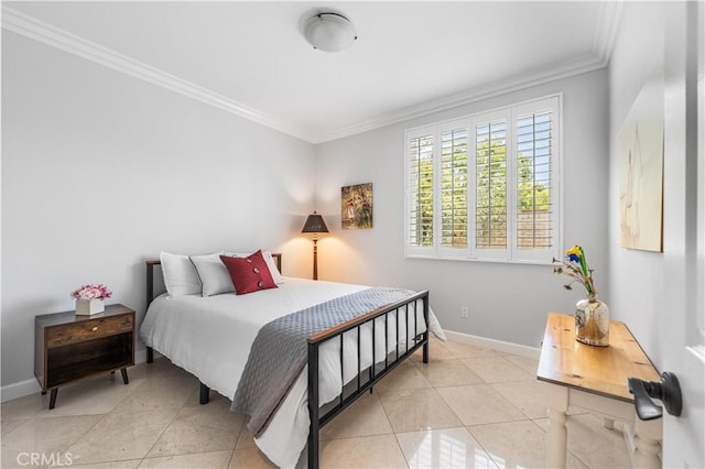 bedroom with ornamental molding, light tile patterned flooring, and baseboards