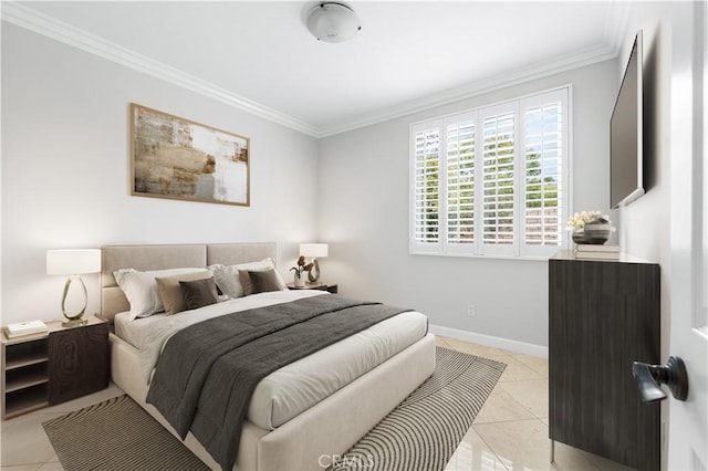 bedroom featuring ornamental molding, light tile patterned flooring, and baseboards
