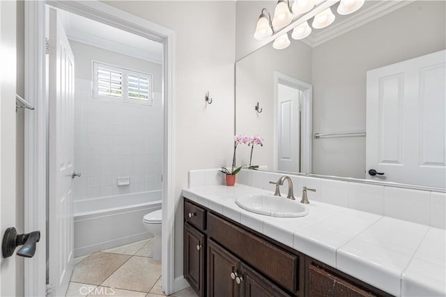 full bath featuring vanity, crown molding, toilet, tile patterned flooring, and shower / bath combination
