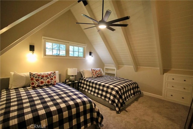 bedroom featuring carpet floors, vaulted ceiling with beams, baseboards, and a ceiling fan