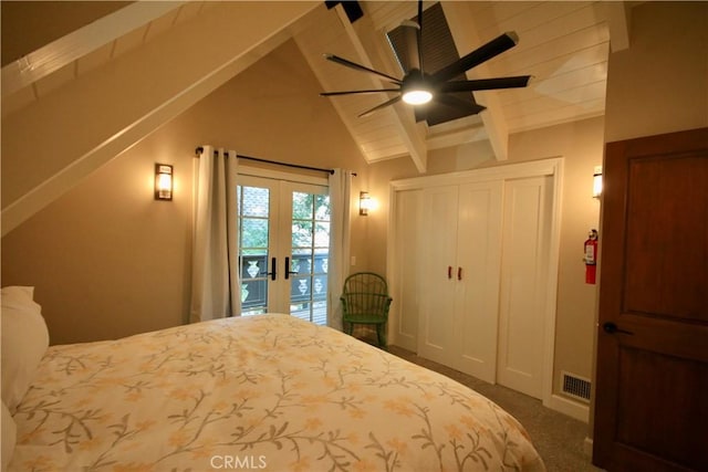 bedroom with visible vents, access to outside, french doors, lofted ceiling with beams, and carpet