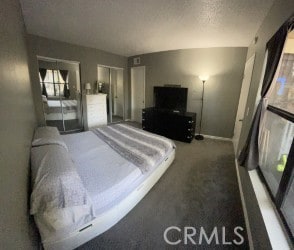 carpeted bedroom featuring baseboards, a textured ceiling, and multiple windows