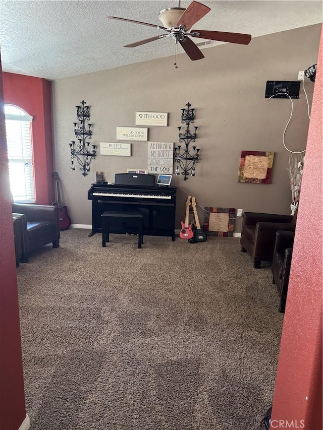 17815 Chestnut St, Hesperia, CA 92345 - living area with a ceiling fan, carpet floors, a textured ceiling, and baseboards