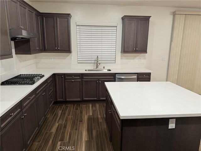 kitchen with dark brown cabinetry, under cabinet range hood, a sink, dark wood finished floors, and stainless steel appliances