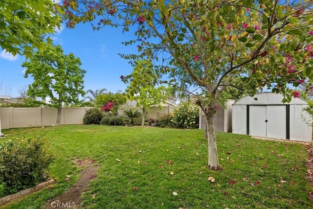 view of yard featuring a fenced backyard, a shed, and an outbuilding