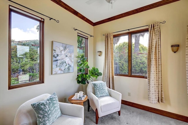 sitting room featuring baseboards, ornamental molding, carpet, and ceiling fan