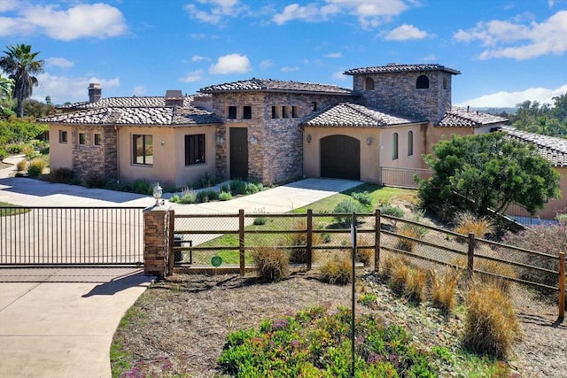 mediterranean / spanish home featuring fence private yard, an attached garage, a tile roof, and concrete driveway