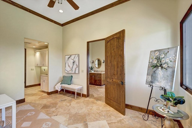hallway featuring crown molding, recessed lighting, and baseboards