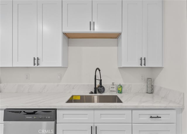 4744 Adenmoor Ave, Lakewood, CA 90713 - kitchen featuring a sink, light stone counters, stainless steel dishwasher, and white cabinetry