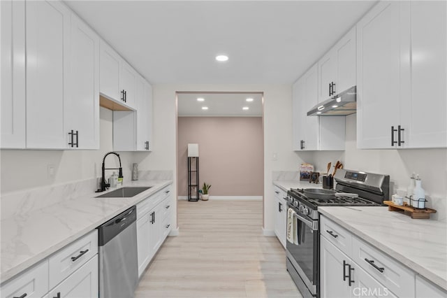 4744 Adenmoor Ave, Lakewood, CA 90713 - kitchen with a sink, under cabinet range hood, stainless steel appliances, recessed lighting, and white cabinetry