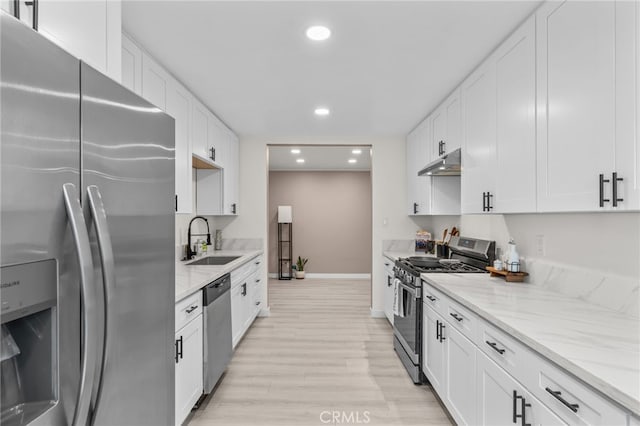 4744 Adenmoor Ave, Lakewood, CA 90713 - kitchen with a sink, under cabinet range hood, stainless steel appliances, recessed lighting, and white cabinetry
