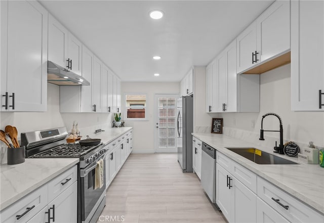 4744 Adenmoor Ave, Lakewood, CA 90713 - kitchen featuring a sink, white cabinetry, under cabinet range hood, and stainless steel appliances