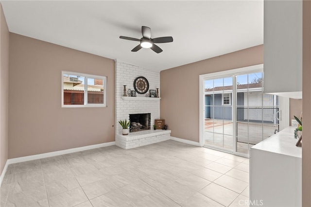 4744 Adenmoor Ave, Lakewood, CA 90713 - unfurnished living room featuring light tile patterned flooring, a fireplace, baseboards, a ceiling fan, and vaulted ceiling