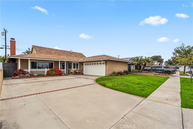 14901 Quill Cir, Huntington Beach, CA 92647 - ranch-style house with a garage, driveway, stucco siding, and a chimney