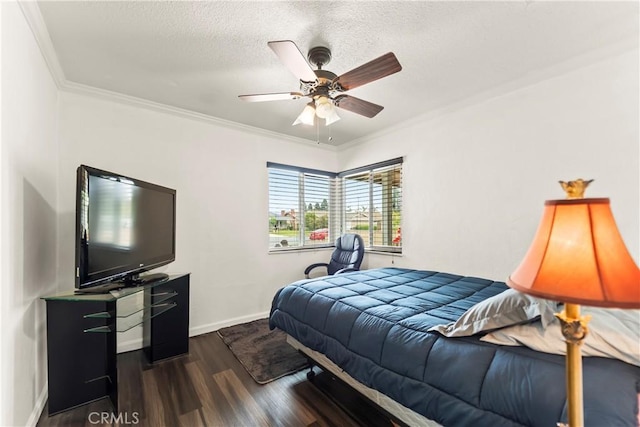 14901 Quill Cir, Huntington Beach, CA 92647 - bedroom featuring dark wood-style floors, baseboards, ornamental molding, ceiling fan, and a textured ceiling