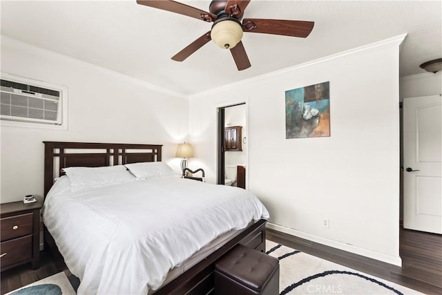 14901 Quill Cir, Huntington Beach, CA 92647 - bedroom with an AC wall unit, crown molding, wood finished floors, baseboards, and ceiling fan