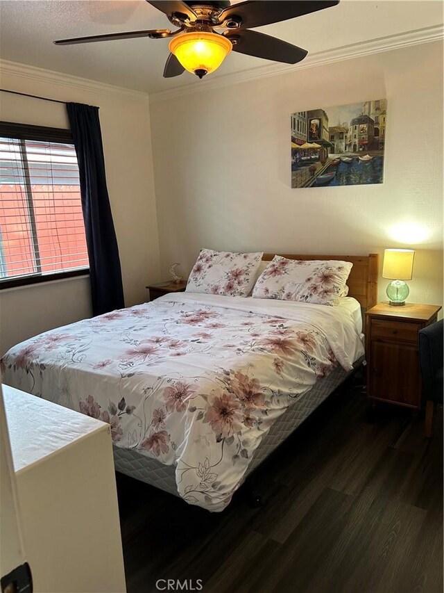 14901 Quill Cir, Huntington Beach, CA 92647 - bedroom with wood finished floors, ornamental molding, and ceiling fan