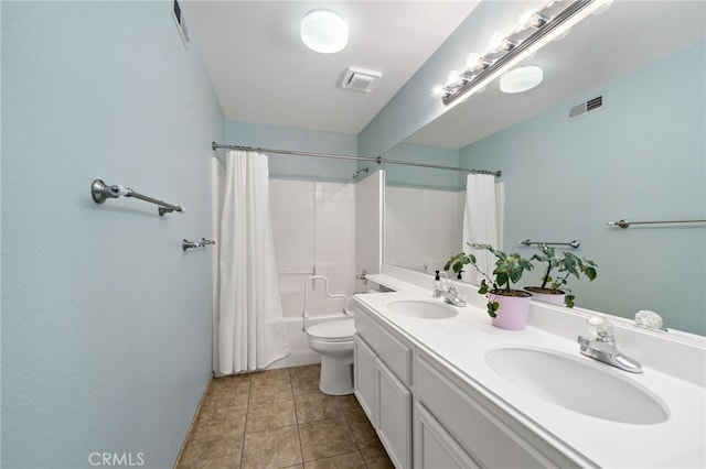 full bath with toilet, visible vents, shower / bath combination with curtain, and a sink