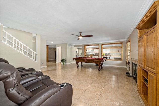 recreation room with pool table, light tile patterned flooring, baseboards, and ceiling fan