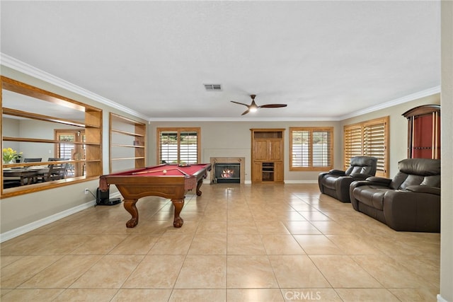 playroom featuring crown molding, ceiling fan, billiards, and a wealth of natural light