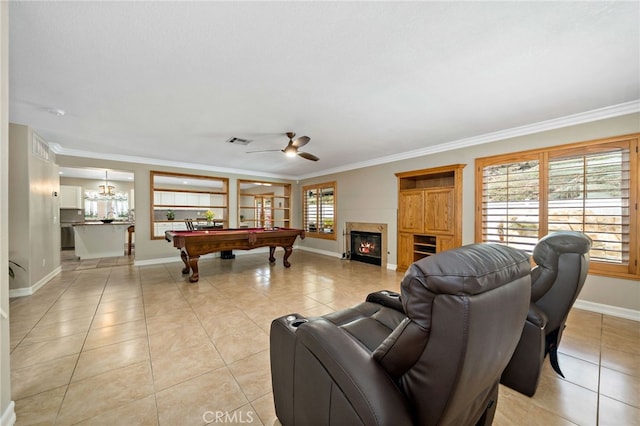 playroom with baseboards, pool table, light tile patterned floors, visible vents, and ornamental molding