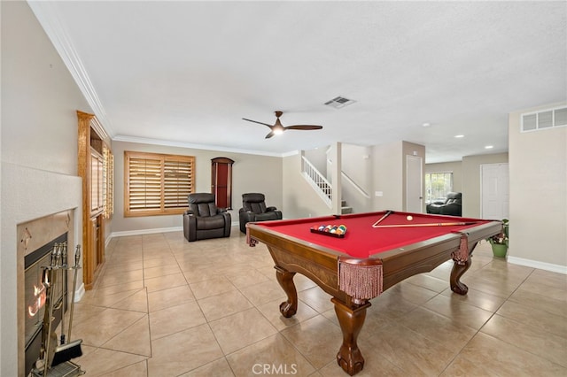 game room with visible vents, baseboards, crown molding, and pool table