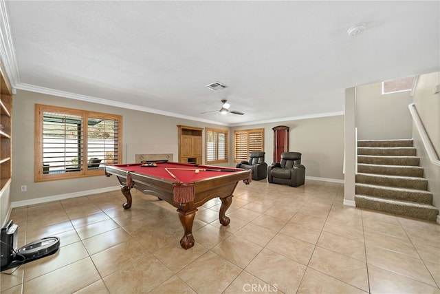 rec room featuring crown molding, pool table, visible vents, and baseboards