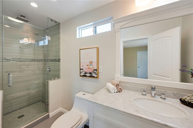 2030 N Keene Ave, Compton, CA 90059 - full bath featuring toilet, a stall shower, vanity, baseboards, and recessed lighting
