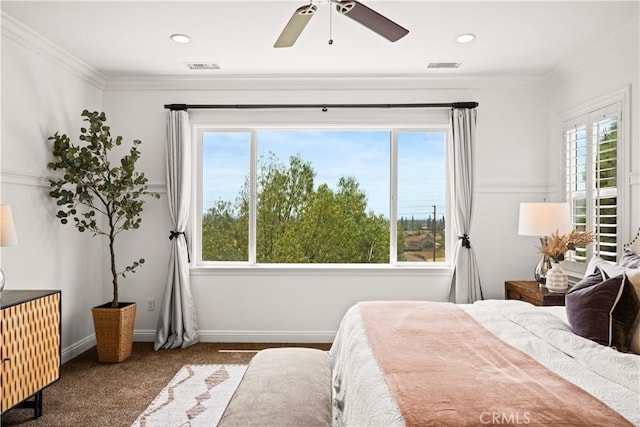 3040 E Coalinga Dr, Brea, CA 92821 - carpeted bedroom with multiple windows, crown molding, baseboards, and ceiling fan