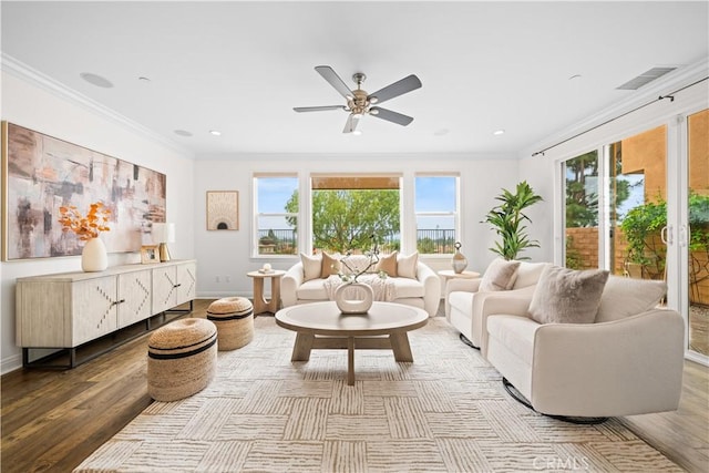 3040 E Coalinga Dr, Brea, CA 92821 - living room with ornamental molding, wood finished floors, ceiling fan, baseboards, and recessed lighting