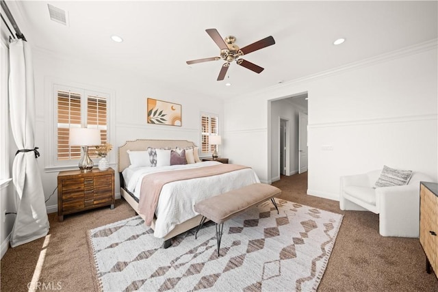 3040 E Coalinga Dr, Brea, CA 92821 - carpeted bedroom with ceiling fan, ornamental molding, baseboards, and recessed lighting