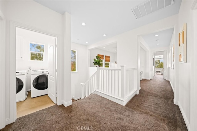 3040 E Coalinga Dr, Brea, CA 92821 - hallway featuring carpet flooring, an upstairs landing, separate washer and dryer, and visible vents
