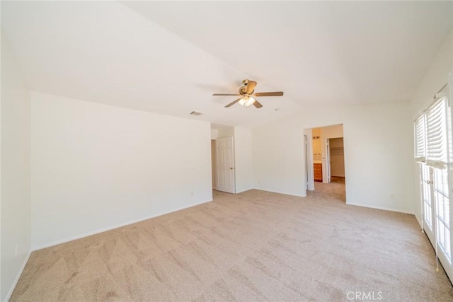 41044 Oak Creek Rd, Murrieta, CA 92562 - unfurnished room with vaulted ceiling, light colored carpet, ceiling fan, and baseboards