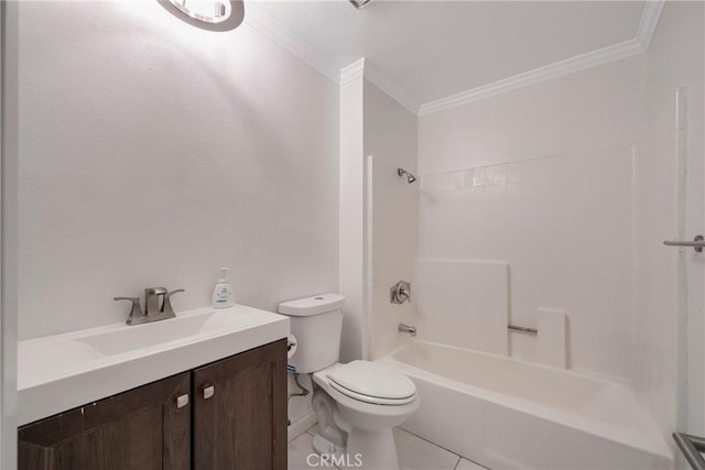 full bathroom featuring crown molding, toilet, tile patterned flooring, vanity, and bathing tub / shower combination