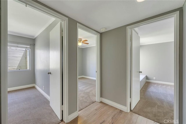 hallway featuring carpet floors, baseboards, and wood finished floors