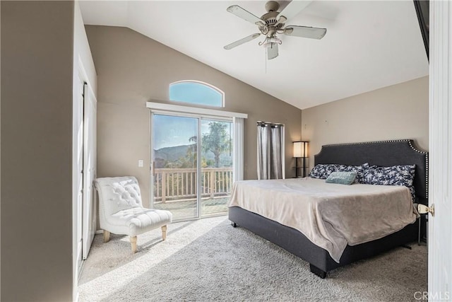 bedroom featuring carpet flooring, access to outside, a ceiling fan, and vaulted ceiling