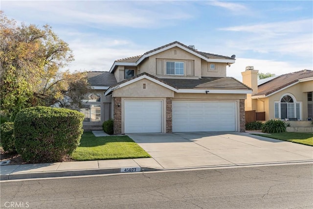 traditional-style home with driveway, a tile roof, a garage, stone siding, and stucco siding