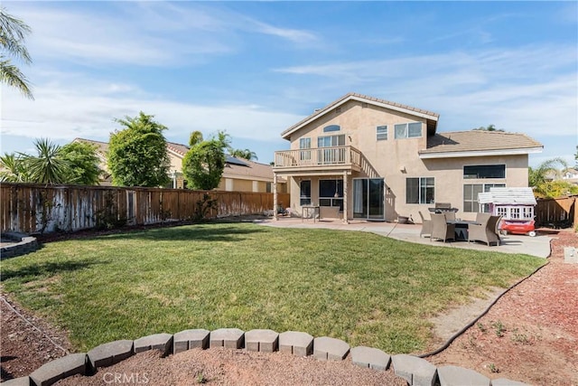 45077 Corte Bravo, Temecula, CA 92592 - rear view of house featuring a balcony, a patio area, and stucco siding