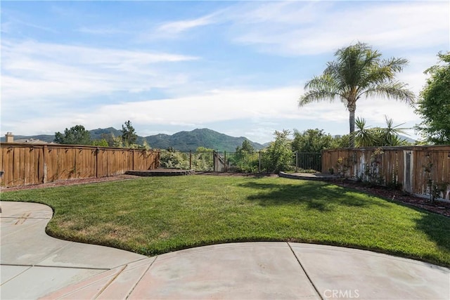 view of yard featuring a patio, a mountain view, and a fenced backyard