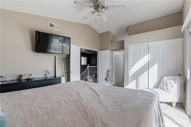 45077 Corte Bravo, Temecula, CA 92592 - carpeted bedroom featuring vaulted ceiling and ceiling fan